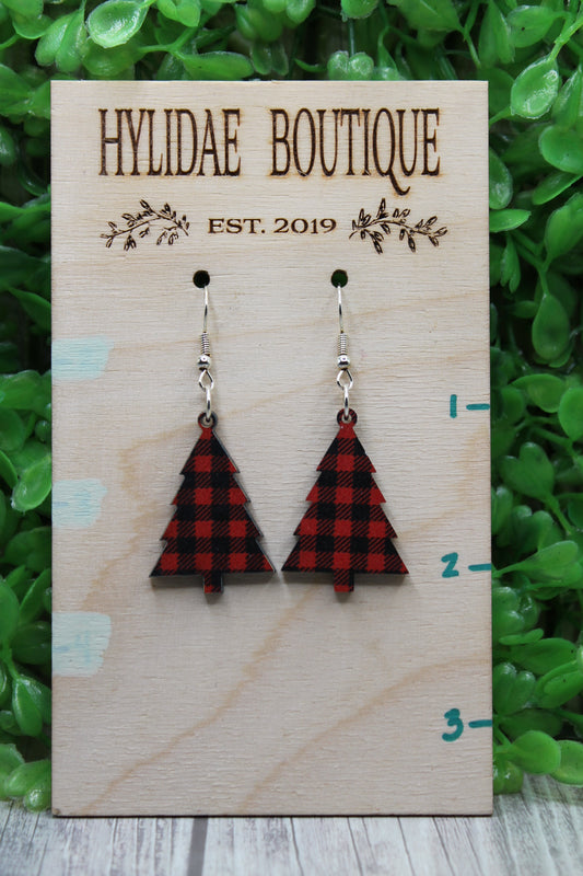Red Plaid Christmas Tree Dangle Earrings