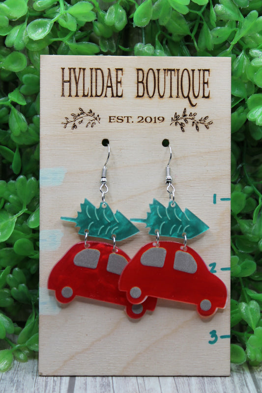 Red Car and Christmas Tree Dangle Earrings