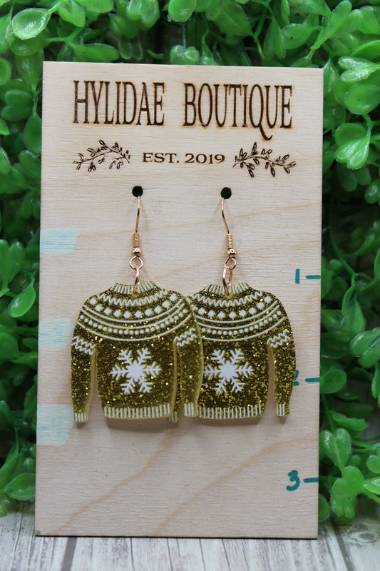 Gold Glitter Snowflake Christmas Sweater Dangle Earrings