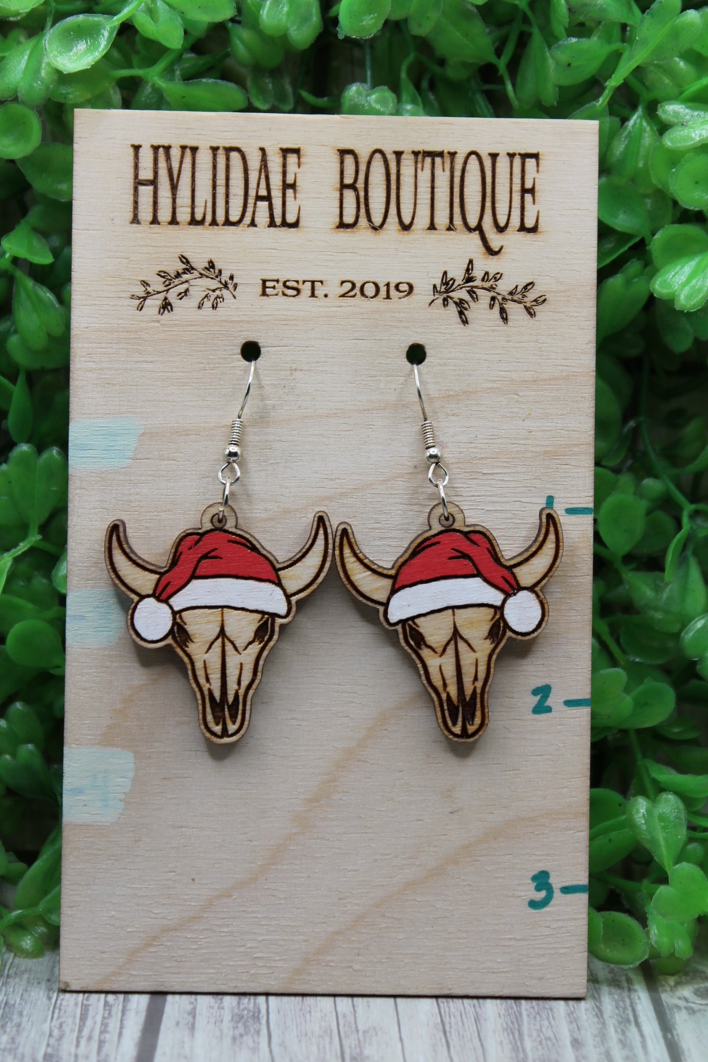 Santa Hat Steer Skull • Dangle Earrings