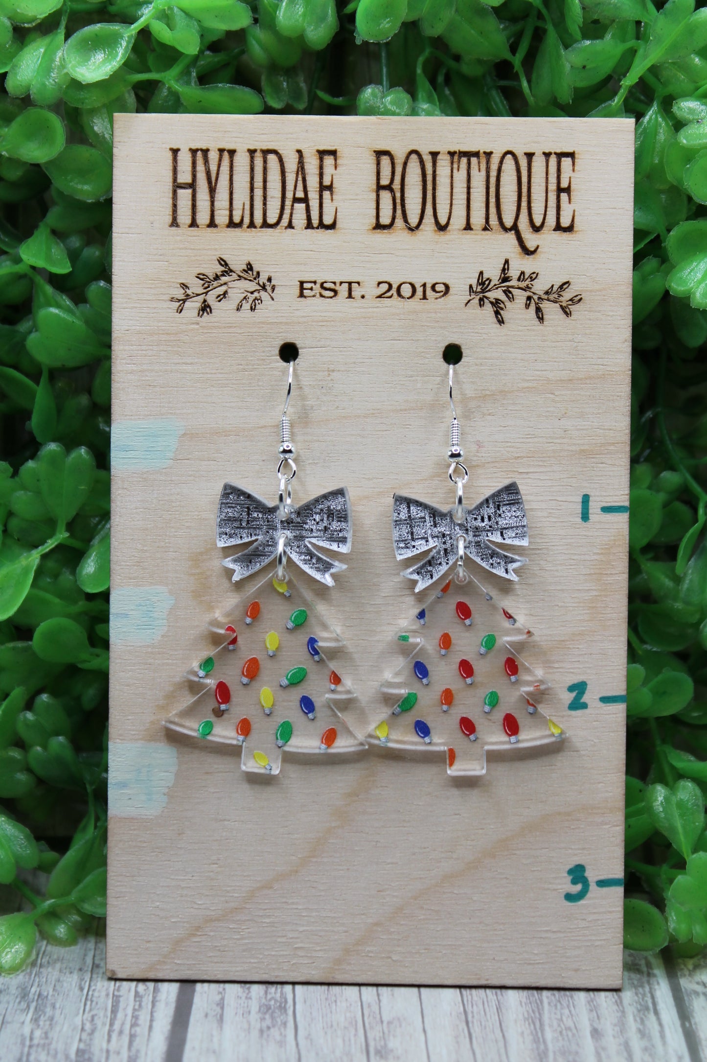 Christmas Tree with Lights and Silver Bow • Dangle Earrings