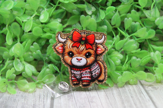 Christmas Sweater Cow • Badge/ID Holder with Clip