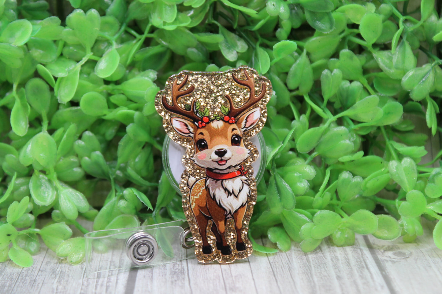 Reindeer on Gold Glitter • Badge/ID Holder with Clip