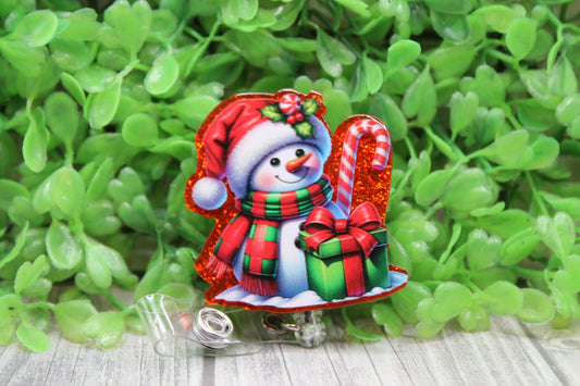 Snowman with Candy Cane • Badge/ID Holder with Clip