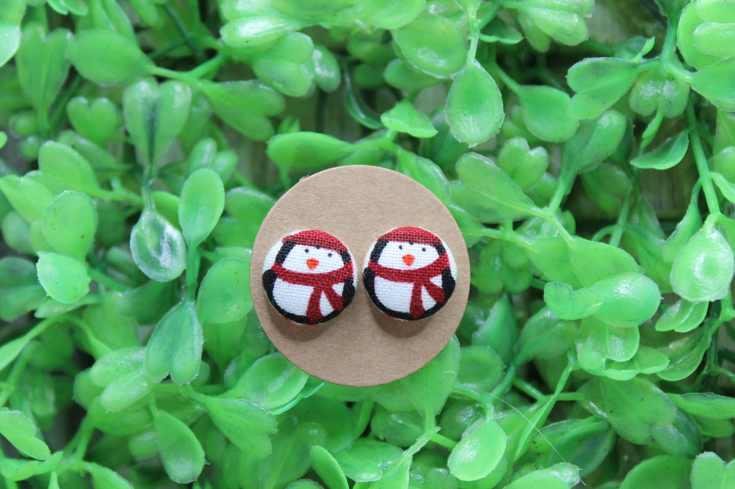 Winter Penguins • Fabric Button Stud Earrings