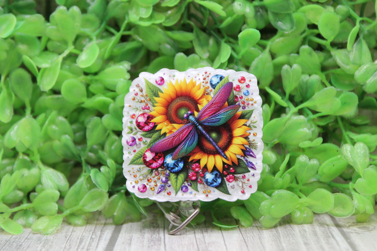 Dragonfly & Sunflowers • Badge/ID Holder with Clip