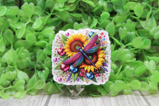 Dragonfly & Sunflowers • Badge/ID Holder with Clip