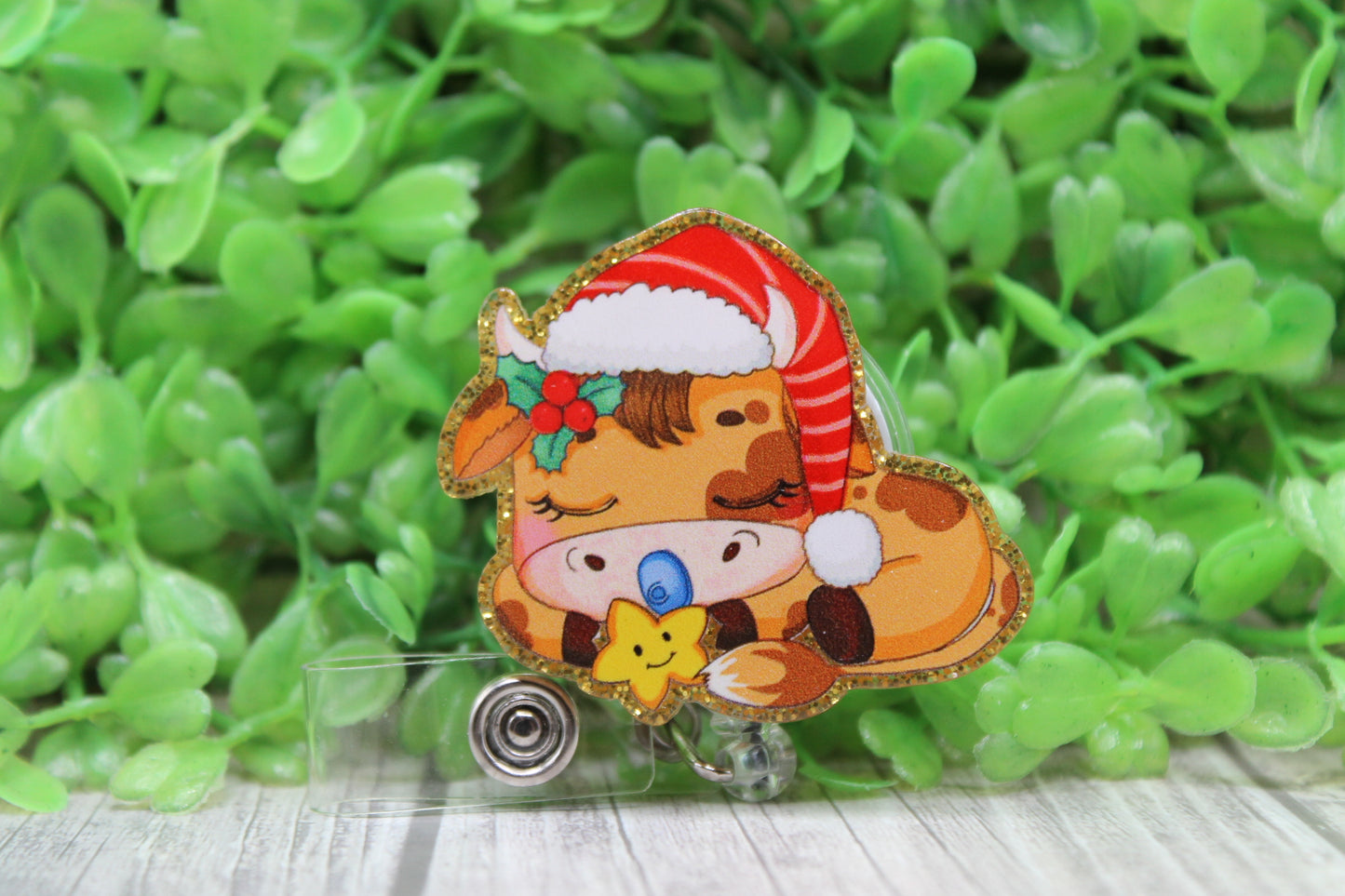 Sleeping Christmas Cow • Badge/ID Holder with Clip