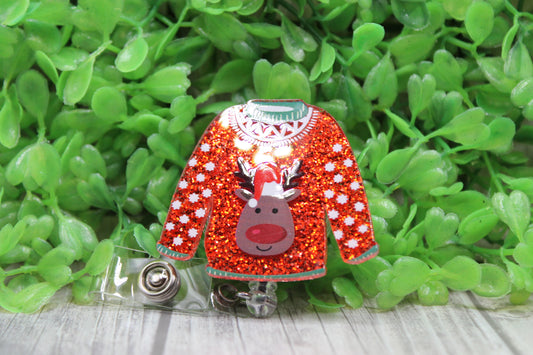 Reindeer Red Glitter Christmas Sweater • Badge/ID Holder with Clip