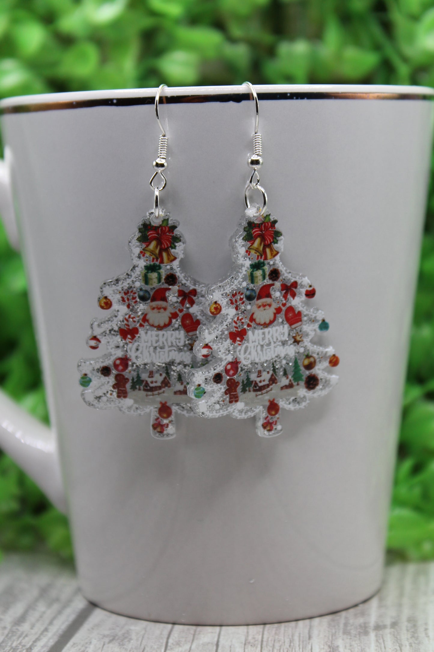 Merry Christmas Silver Tree • Dangle Earrings