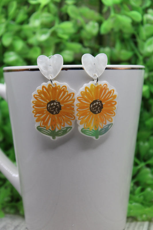 Yellow Doodle Sunflower • Dangle Earrings