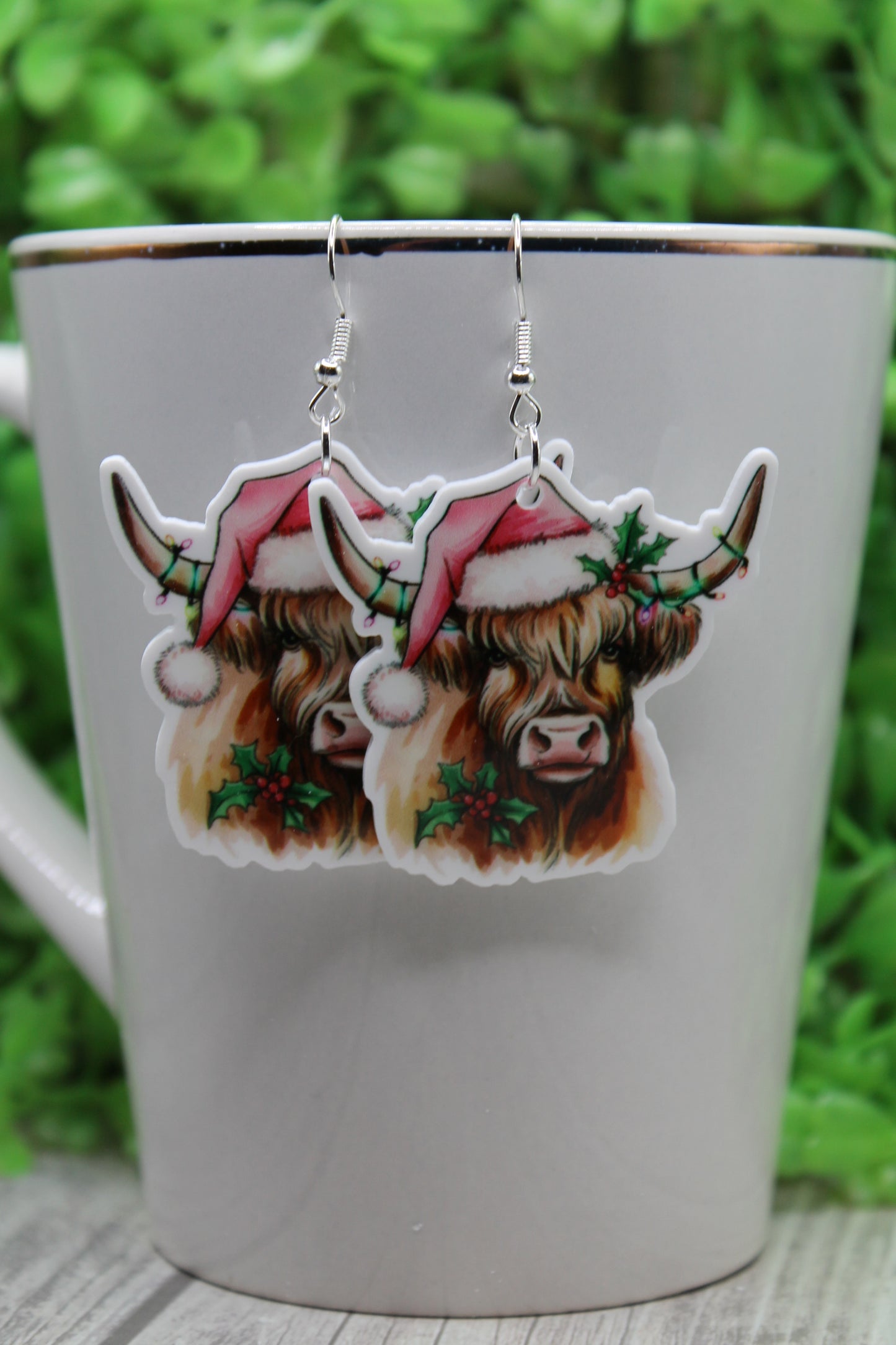 Pink Santa Hat Highland Cow • Dangle Earrings