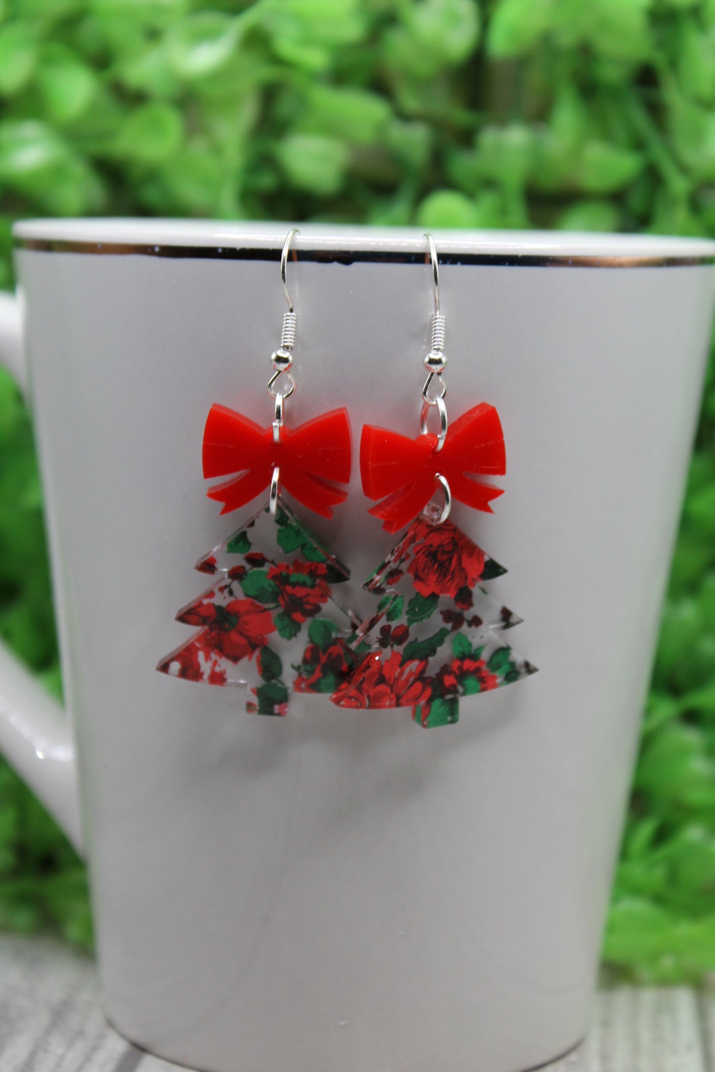 Christmas Tree with Red Bow • Dangle Earrings