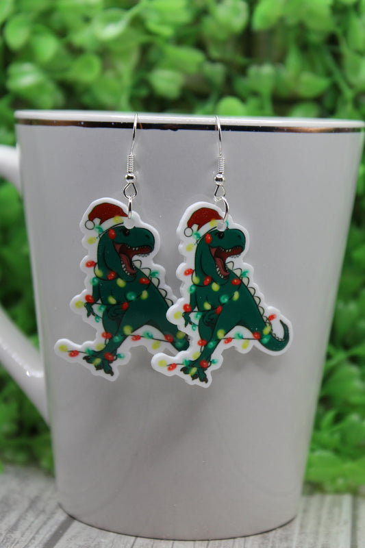 T-Rex Wrapped in Christmas Lights • Dangle Earrings