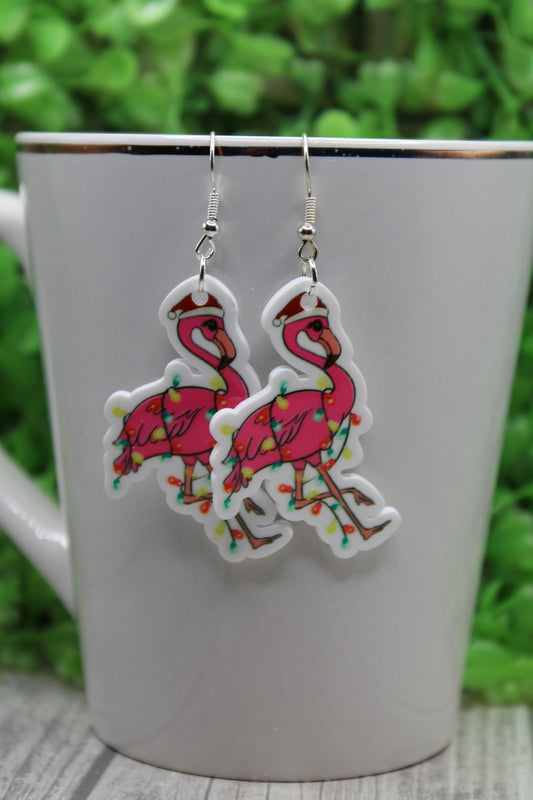 Pink Flamingo Wrapped in Christmas Lights • Dangle Earrings