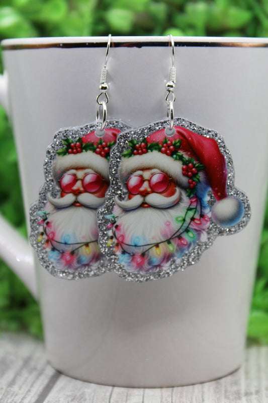 Santa on Silver Glitter Christmas Lights • Dangle Earrings