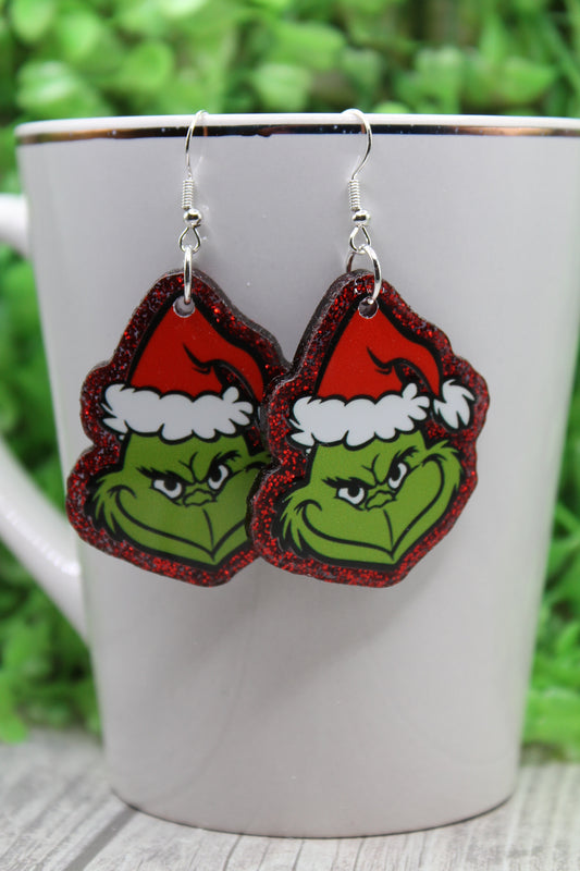 Santa Hat Grumps Red Glitter • Dangle Earrings