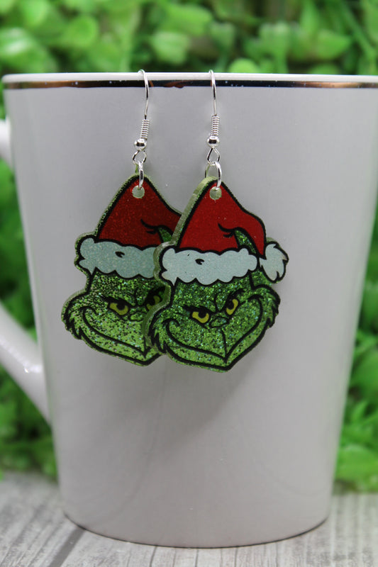 Santa Hat Green Glitter Grumps • Dangle Earrings