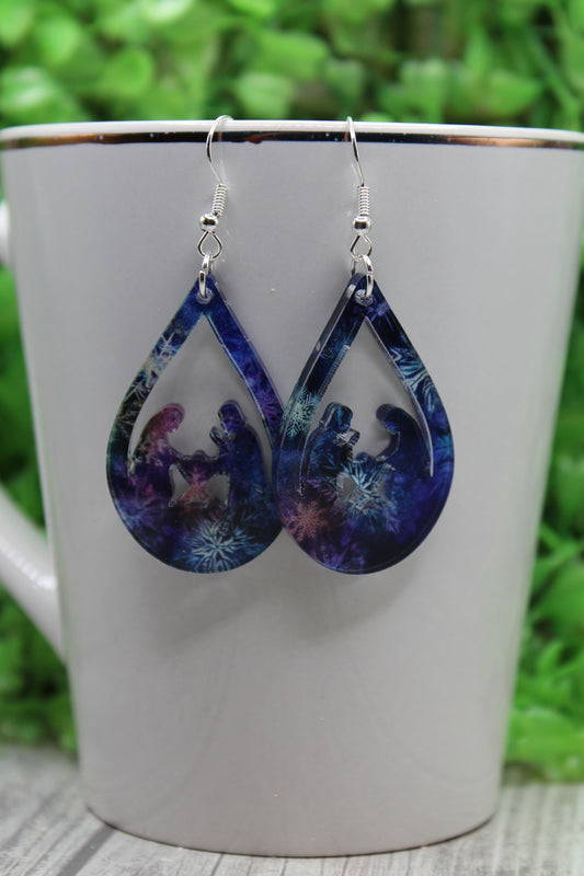 Midnight Snowflakes Nativity Scene Teardrop • Dangle Earrings