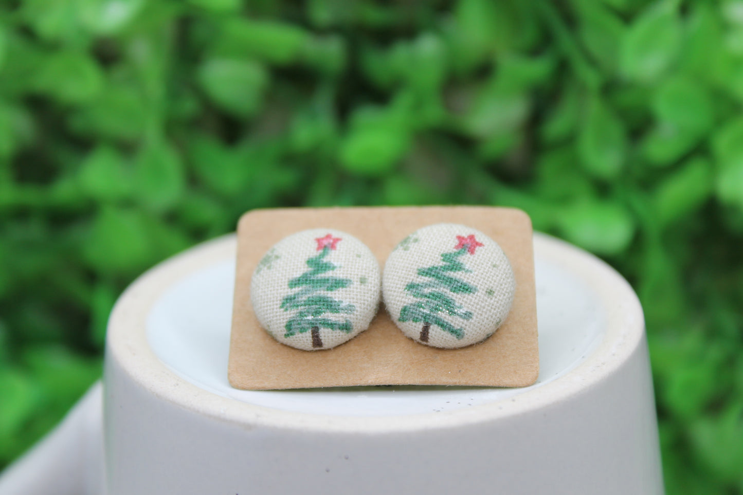 Christmas Tree • Fabric Button Stud Earrings