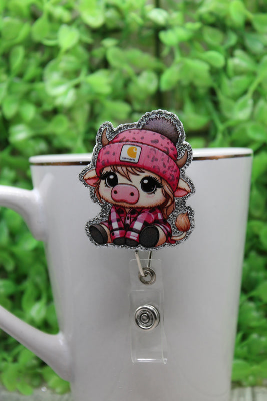 Cow with Pink Beanie • Badge/ID Holder with Clip