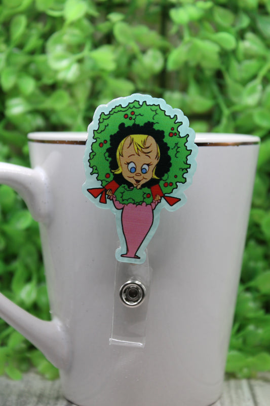 Cindy Lou in Christmas Wreath • Badge/ID Holder with Clip