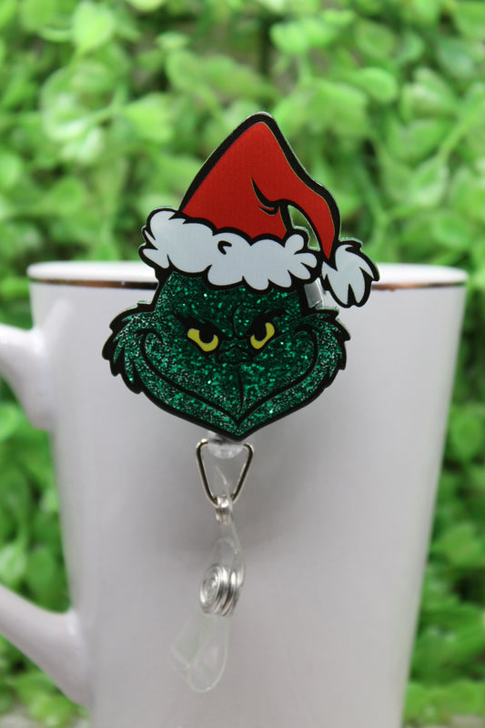 Santa Hat Green Glitter Grumps • Badge/ID Holder with Clip