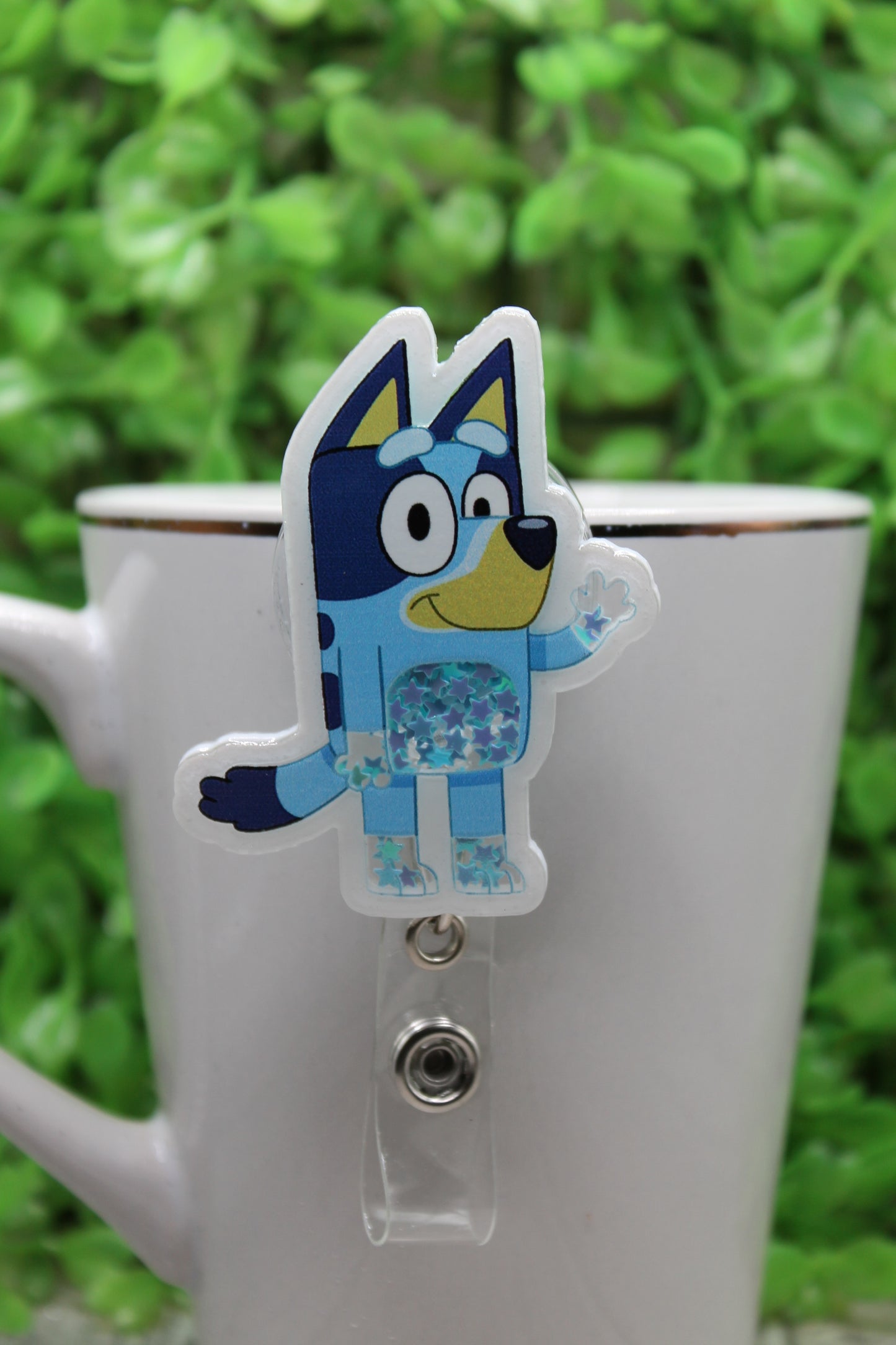 Waving Bluey Shaker • Badge/ID Holder with Clip