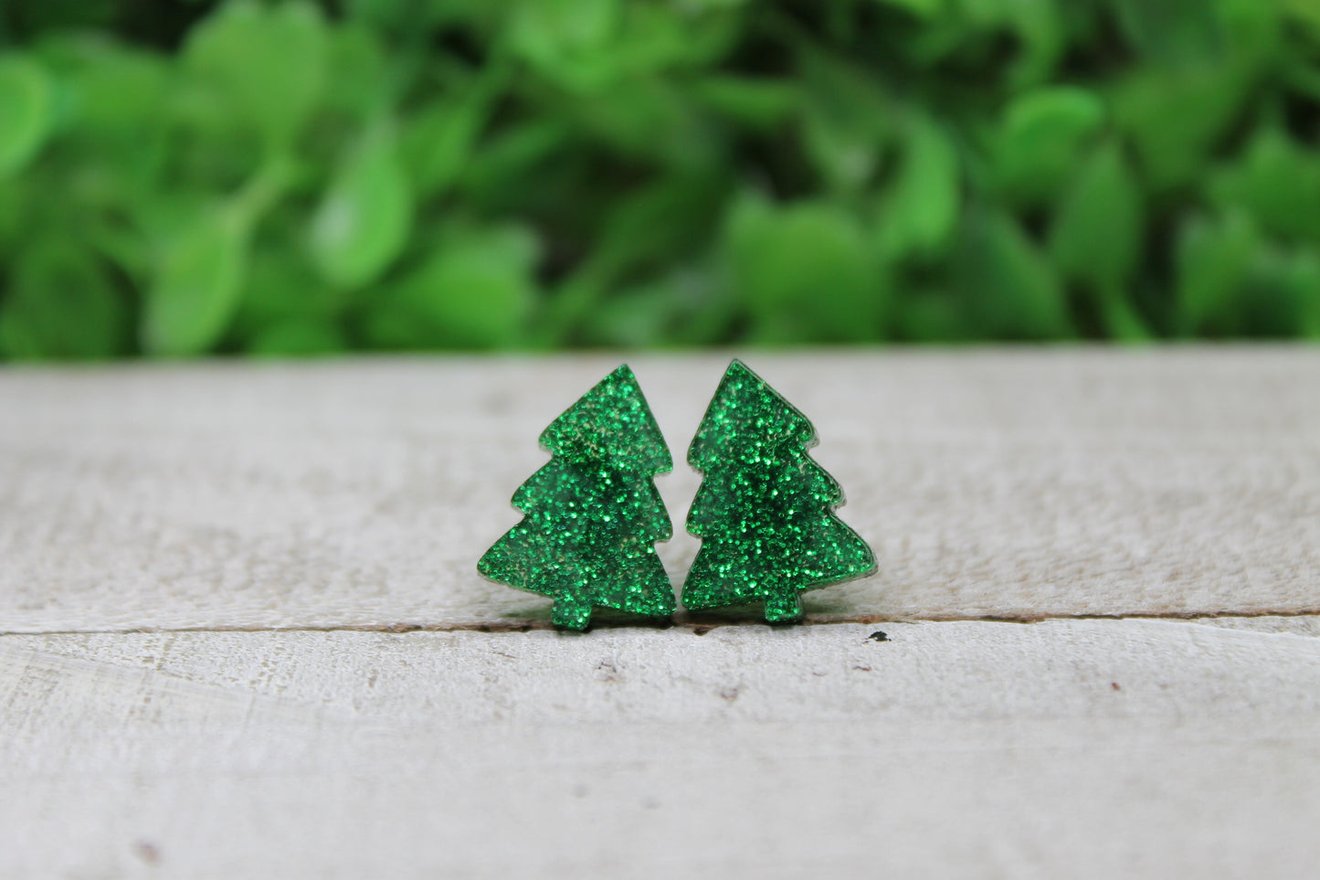 Green Glitter Christmas Tree • Stud Earrings