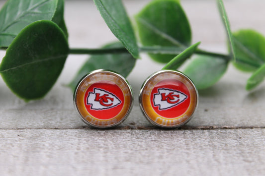 Football - KC Chiefs Circle | 12mm Glass Stud Earrings | Hypoallergenic