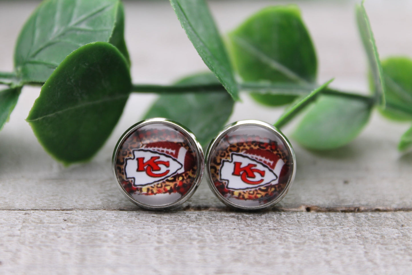 Football - KC Chiefs on Leopard | 12mm Glass Stud Earrings | Hypoallergenic