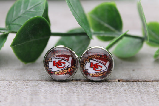 Football - KC Chiefs on Leopard | 12mm Glass Stud Earrings | Hypoallergenic