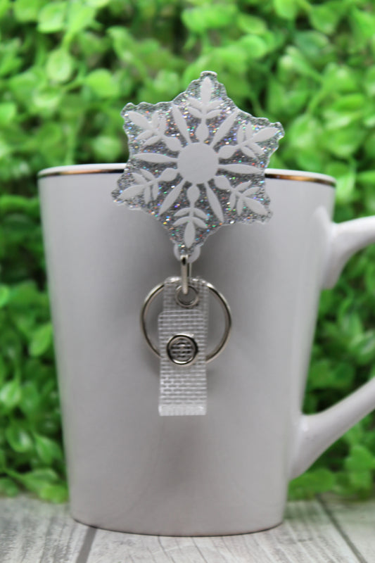 Snowflake on Silver • Badge/ID Holder with Alligator Clip