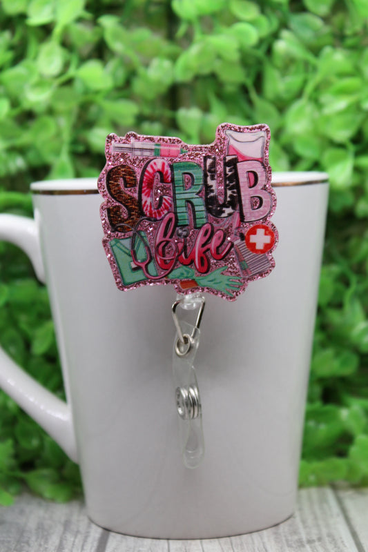 Scrub Life Pink • Badge/ID Holder with Clip