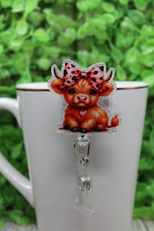 Highland Cow with Pink Bow • Badge/ID Holder with Clip