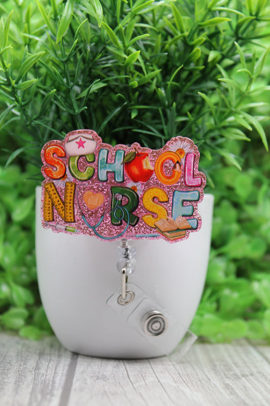 School Nurse on Pink Glitter • Badge/ID Holder with Alligator Clip