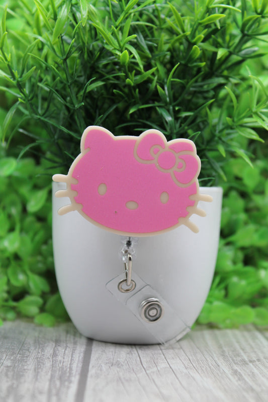 Pink Cat Face • Badge/ID Holder with Alligator Clip