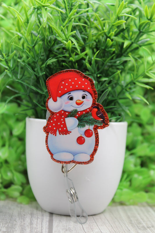 Snowman Holding Bird • Badge/ID Holder with Alligator Clip