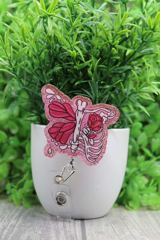 Ribcage Pink Glitter • Badge/ID Holder with Alligator Clip