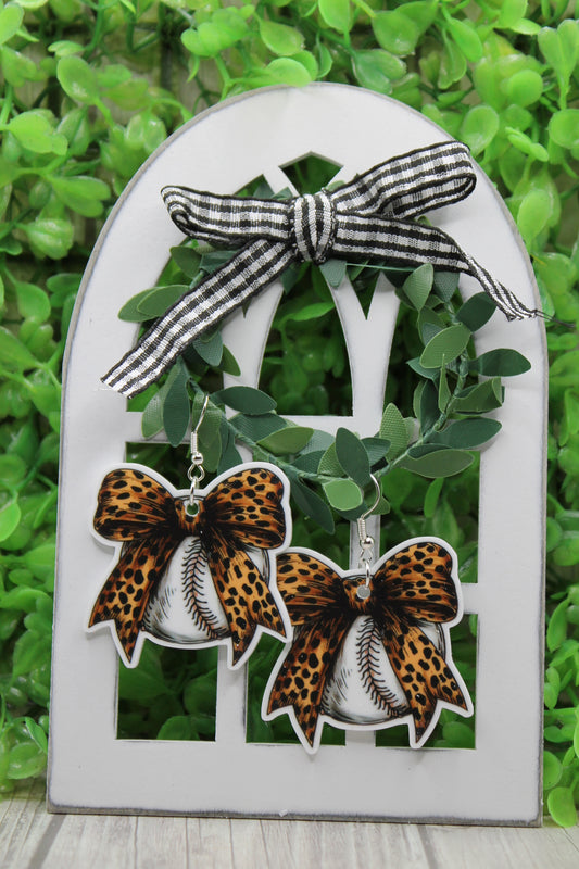 Baseball with Leopard Bow • Dangle Earrings