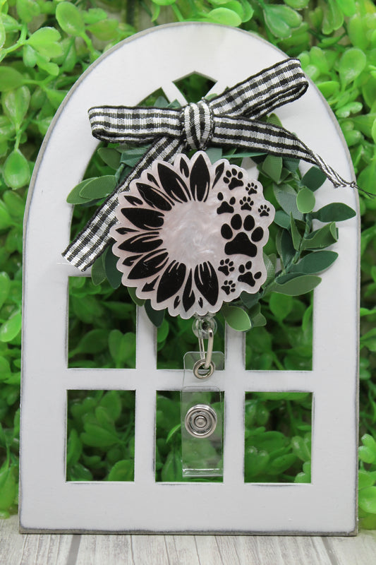 Paw Prints and Sunflower Badge/ID Holder with Alligator Clip