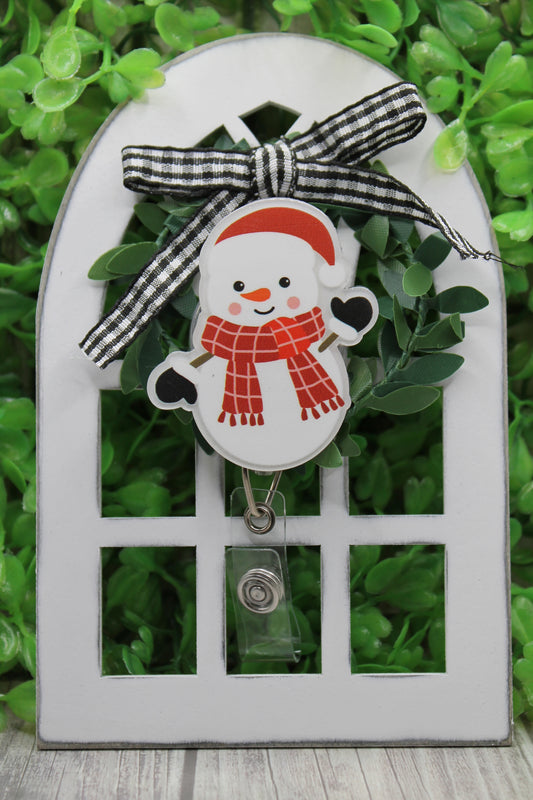 Snowman with Red Scarf Badge/ID Holder with Alligator Clip