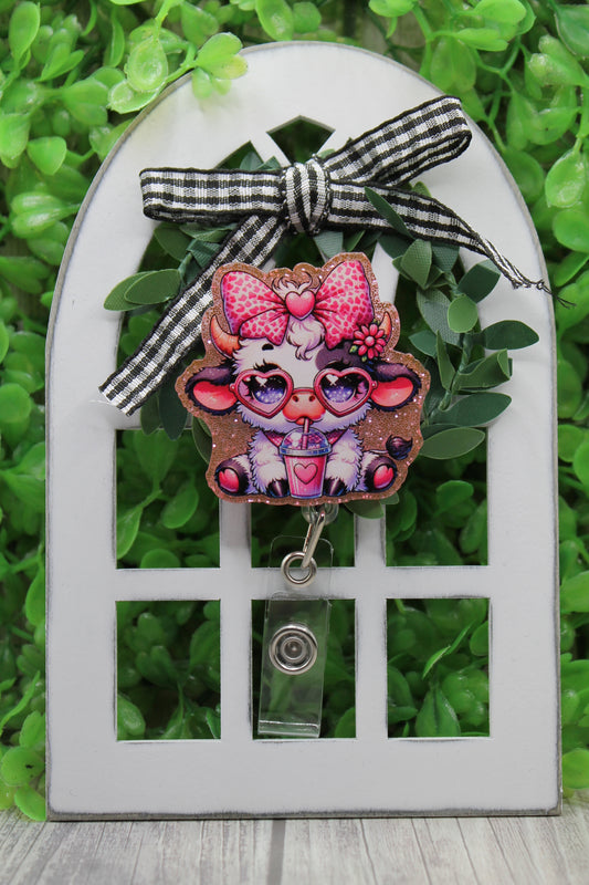 Cow with Heart Glasses Badge/ID Holder with Alligator Clip