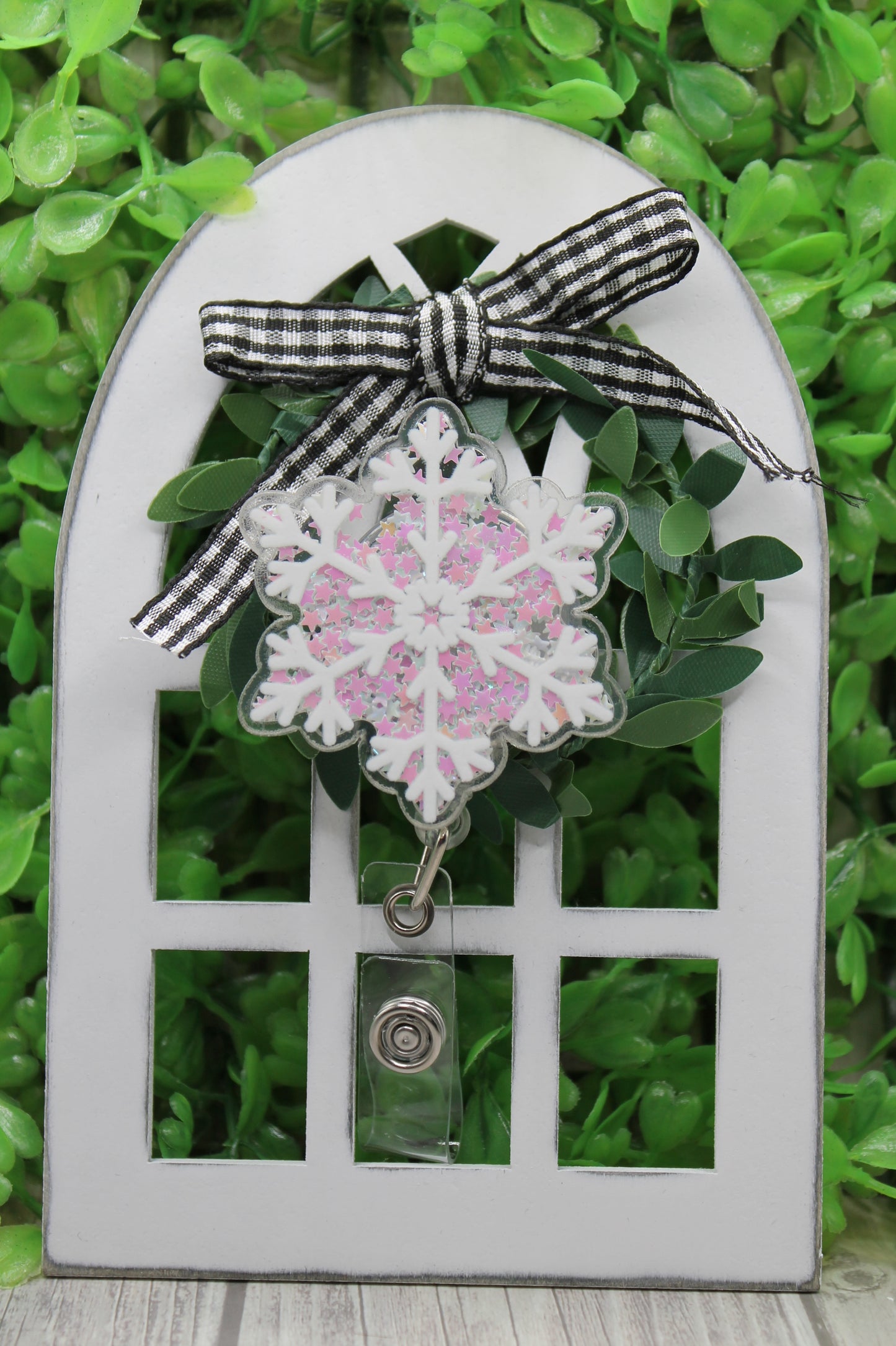 Iridescent Snowflake Shaker Badge/ID Holder with Alligator Clip