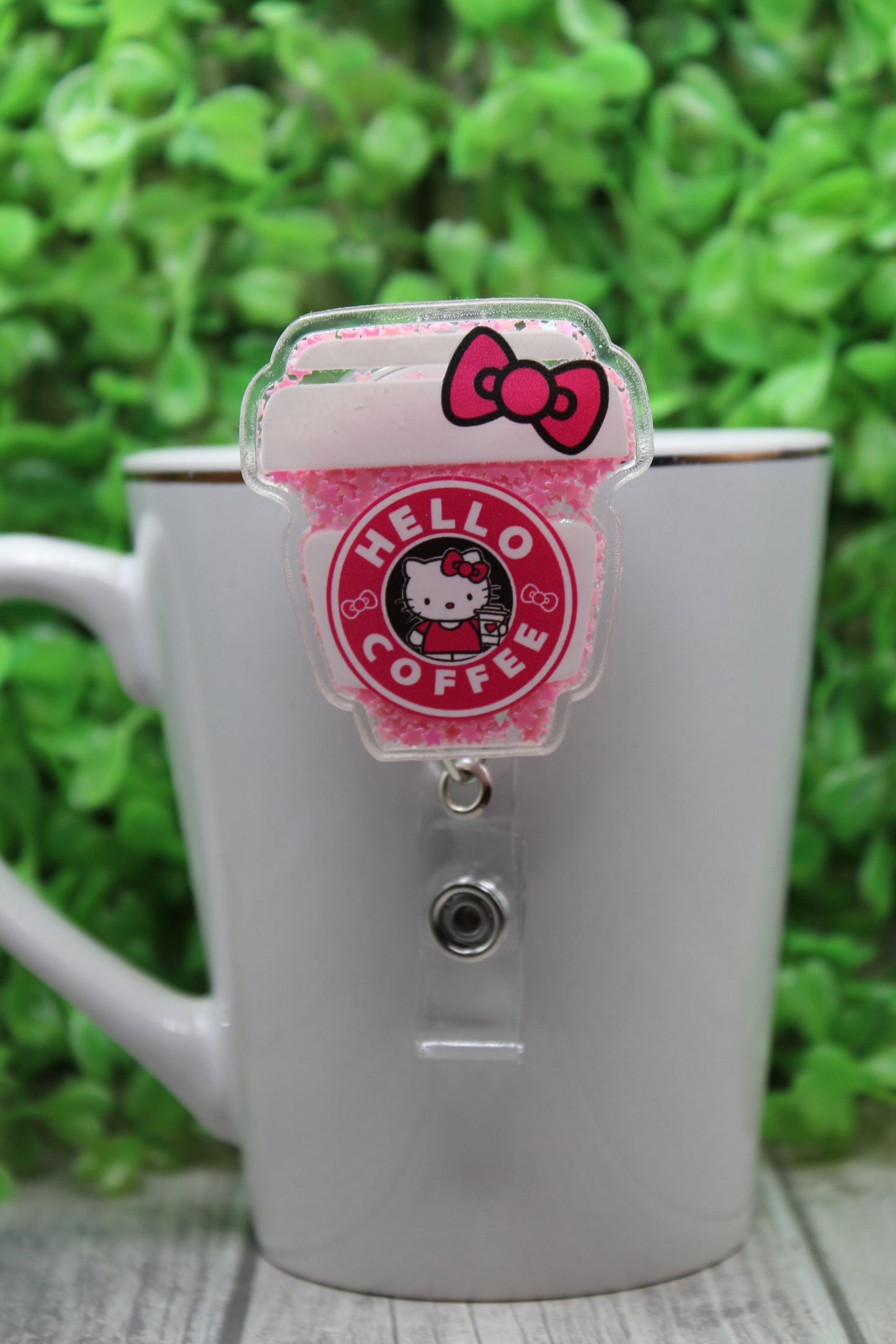 Hello Coffee Shaker Badge/ID Holder with Alligator Clip