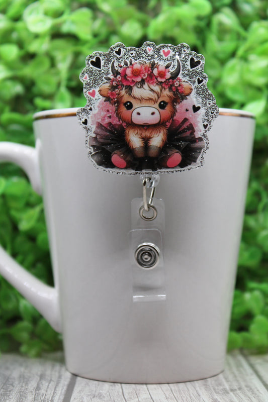 Cow with Floral Crown and Black Tutu Badge/ID Holder with Alligator Clip