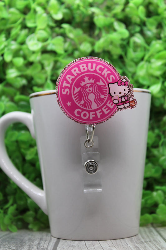 SB Coffee Pink Cat Badge/ID Holder with Alligator Clip