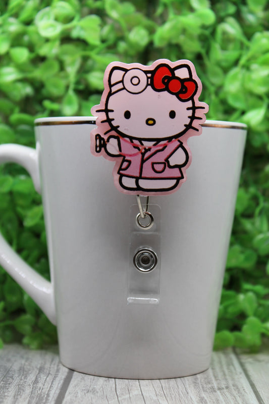 Nurse/Doctor Pink Cat Badge/ID Holder with Alligator Clip