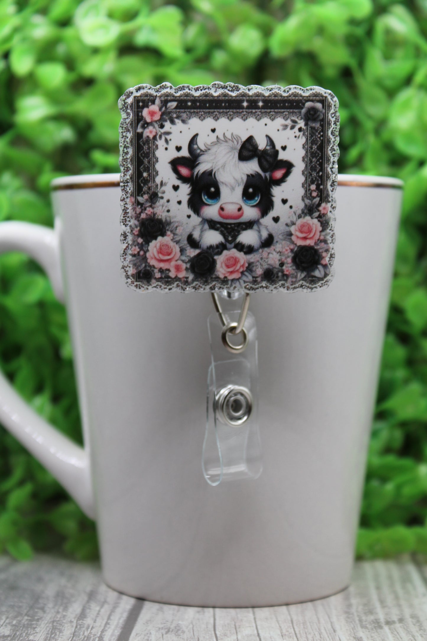 Black and White Cow Portrait Badge/ID Holder with Alligator Clip