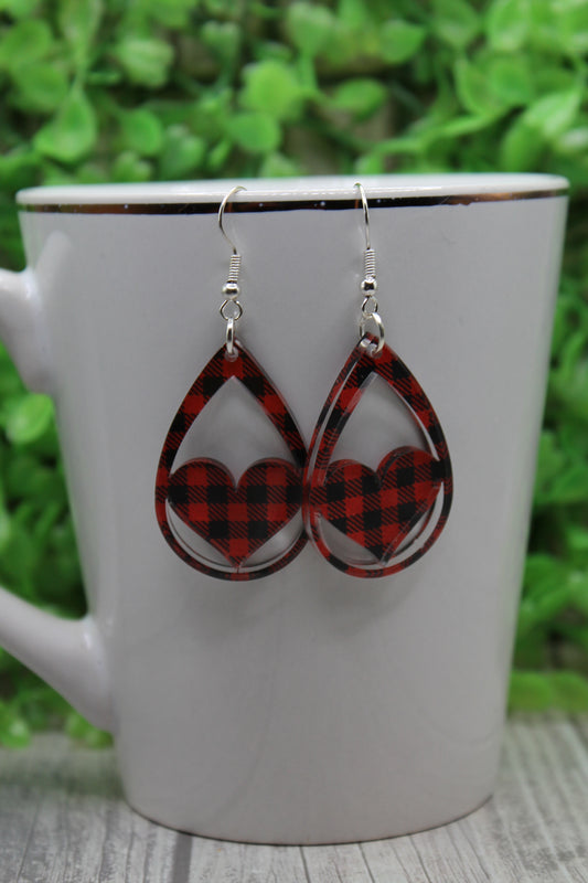 Red Plaid Hearts Valentine's Day Teardrop • Dangle Earrings